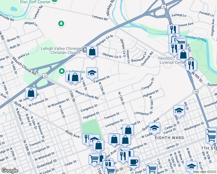 map of restaurants, bars, coffee shops, grocery stores, and more near 1230 West Woodlawn Street in Fullerton