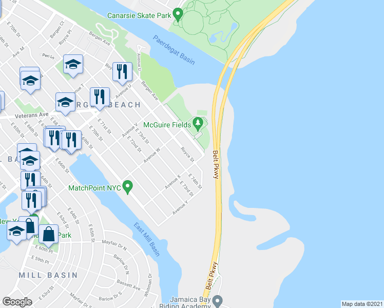 map of restaurants, bars, coffee shops, grocery stores, and more near 2363 Royce Street in Brooklyn
