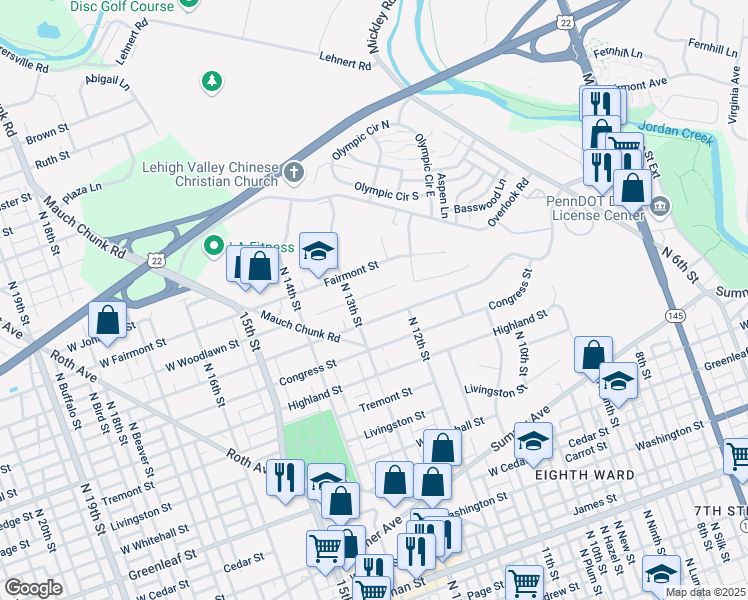 map of restaurants, bars, coffee shops, grocery stores, and more near 1230 West Woodlawn Street in Fullerton