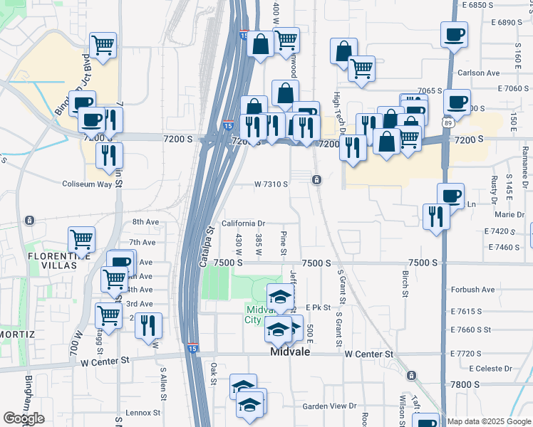 map of restaurants, bars, coffee shops, grocery stores, and more near 7353 South Wood Lily Court in Midvale