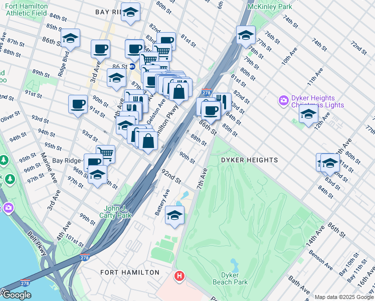 map of restaurants, bars, coffee shops, grocery stores, and more near 641 90th Street in Brooklyn