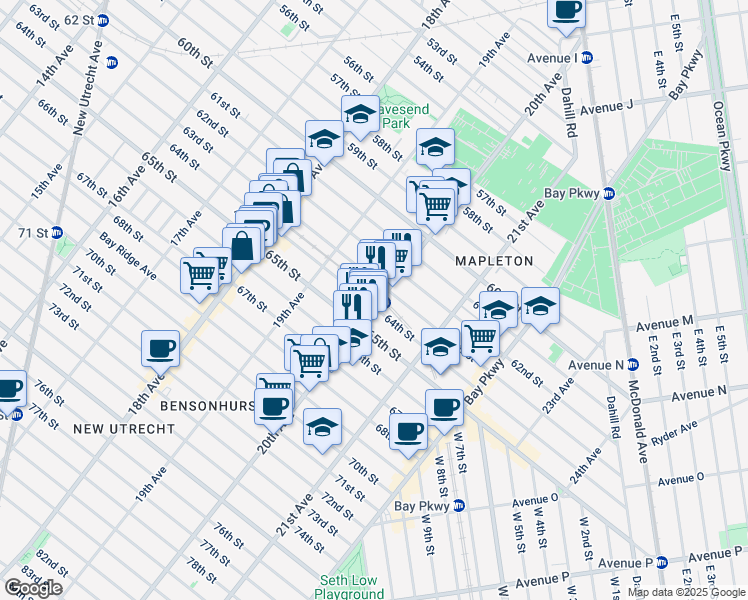 map of restaurants, bars, coffee shops, grocery stores, and more near 1967 65th Street in Brooklyn
