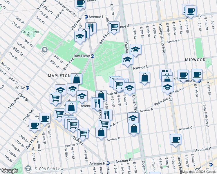 map of restaurants, bars, coffee shops, grocery stores, and more near 225 Avenue M in Brooklyn