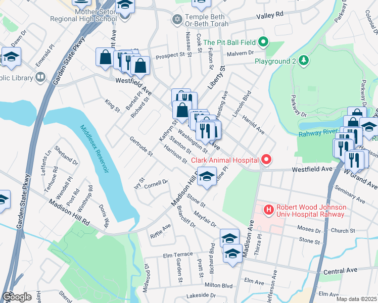 map of restaurants, bars, coffee shops, grocery stores, and more near 32 Harrison Street in Clark