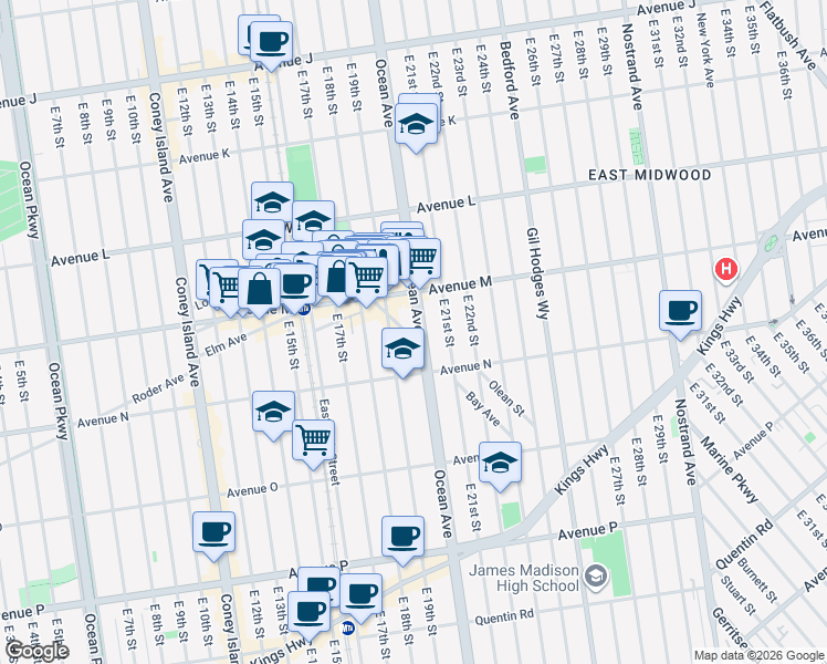 map of restaurants, bars, coffee shops, grocery stores, and more near 1818 Ocean Avenue in Brooklyn