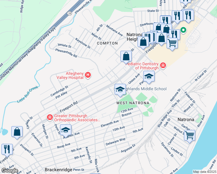 map of restaurants, bars, coffee shops, grocery stores, and more near 1350 Broadview Boulevard in Natrona Heights