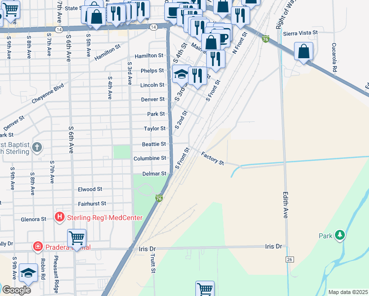 map of restaurants, bars, coffee shops, grocery stores, and more near 915 South Division Avenue in Sterling