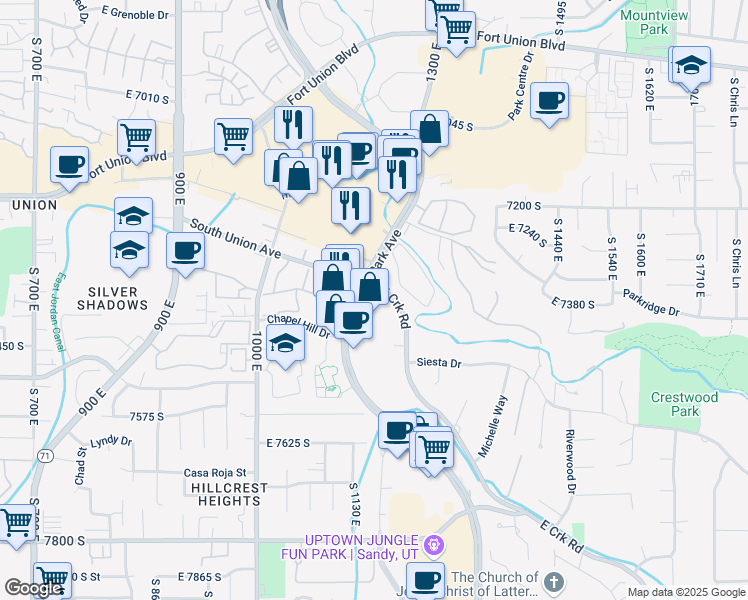 map of restaurants, bars, coffee shops, grocery stores, and more near 7410 Creek Road in Sandy