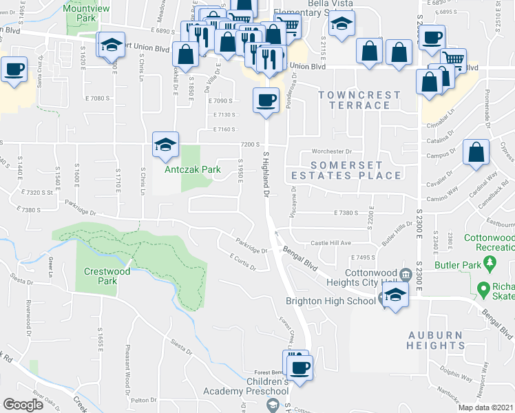 map of restaurants, bars, coffee shops, grocery stores, and more near 7385 South Rich Way in Cottonwood Heights