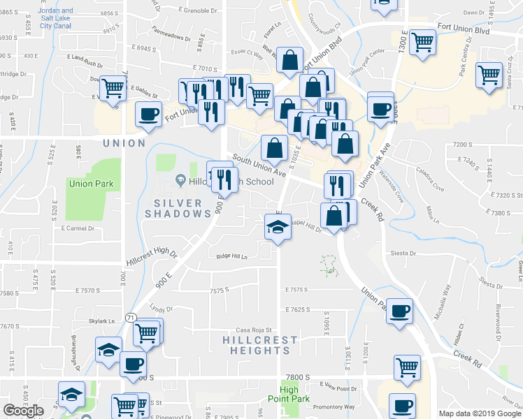 map of restaurants, bars, coffee shops, grocery stores, and more near 963 Taliesen Cove in Midvale