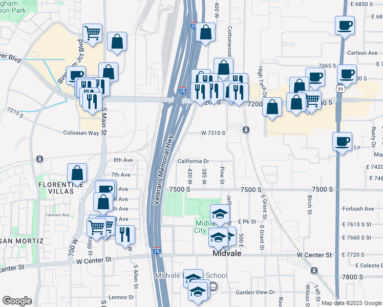 map of restaurants, bars, coffee shops, grocery stores, and more near 7395 430 West in Midvale
