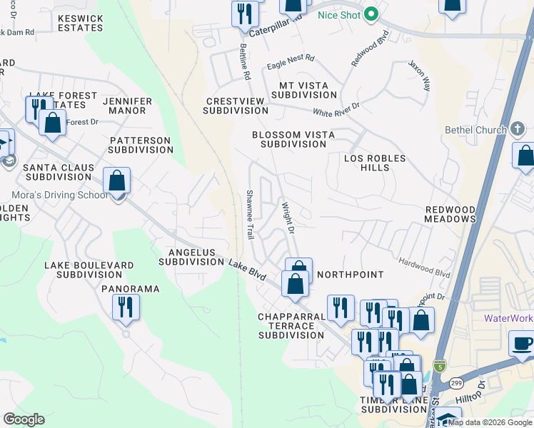map of restaurants, bars, coffee shops, grocery stores, and more near 1037 Mountain Shadows Boulevard in Redding
