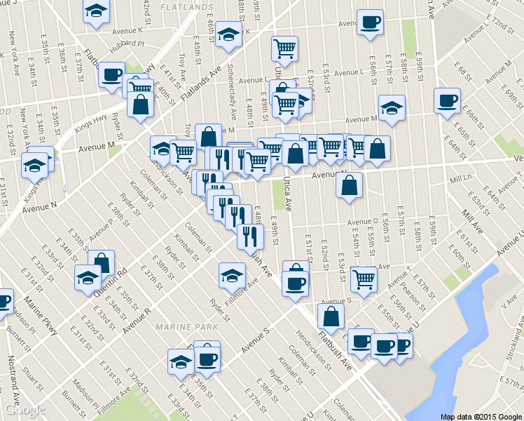 map of restaurants, bars, coffee shops, grocery stores, and more near 1784 East 48th Street in Brooklyn
