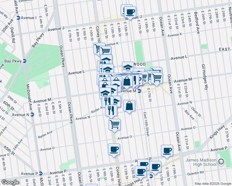 map of restaurants, bars, coffee shops, grocery stores, and more near 1216 Elm Avenue in Brooklyn