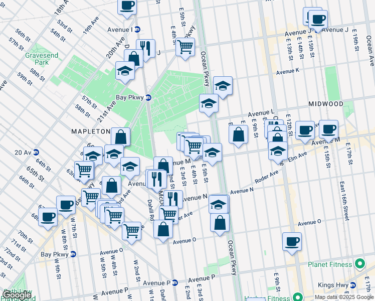 map of restaurants, bars, coffee shops, grocery stores, and more near 225 Avenue M in Brooklyn