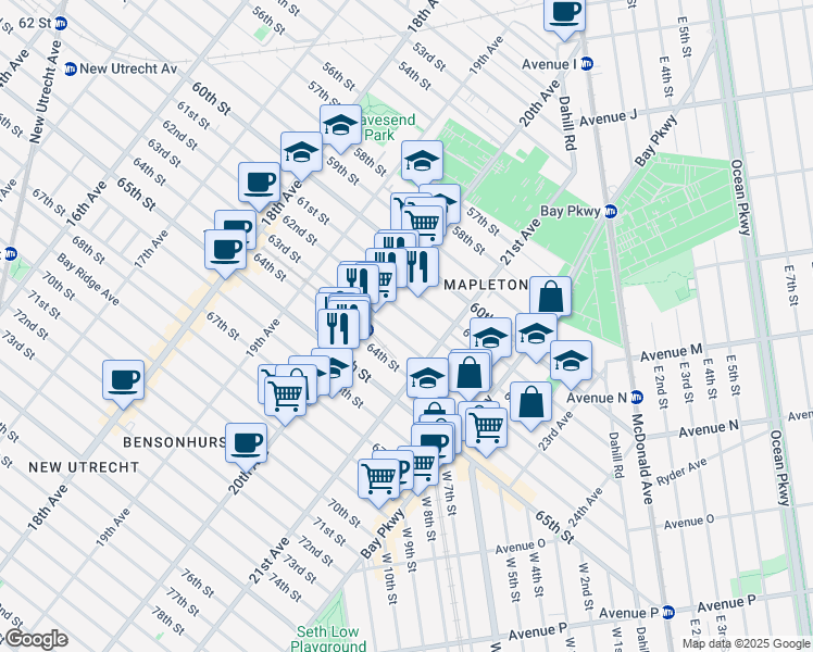 map of restaurants, bars, coffee shops, grocery stores, and more near 2057 63rd Street in Brooklyn