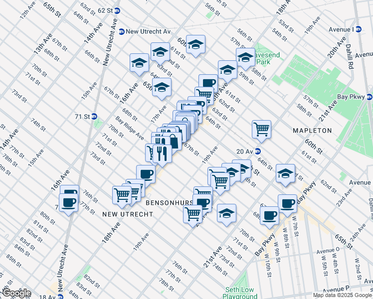 map of restaurants, bars, coffee shops, grocery stores, and more near 1843 68th Street in Brooklyn