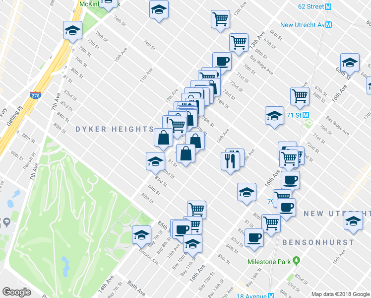 map of restaurants, bars, coffee shops, grocery stores, and more near 1358 79th Street in Brooklyn
