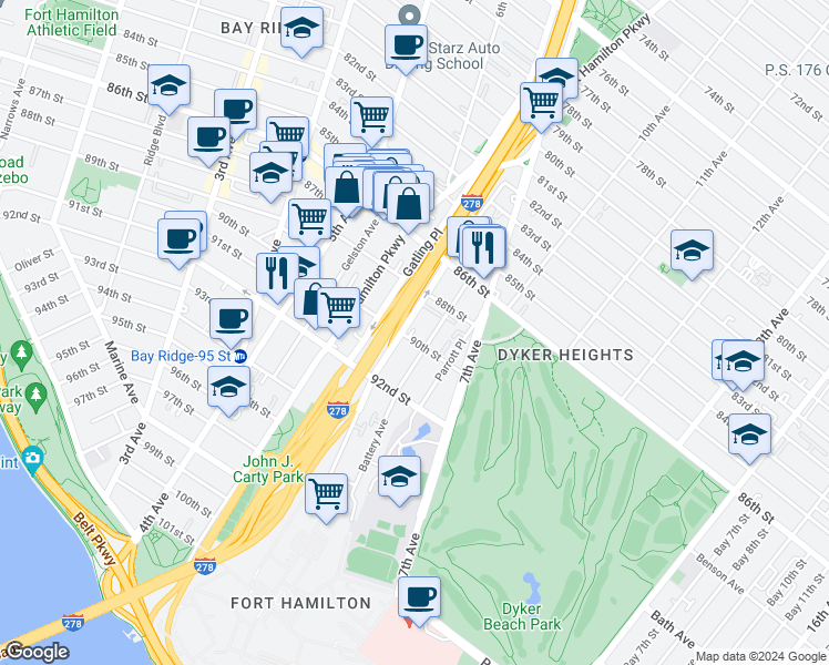 map of restaurants, bars, coffee shops, grocery stores, and more near 641 90th Street in Brooklyn