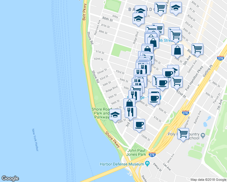 map of restaurants, bars, coffee shops, grocery stores, and more near 143 95th Street in Brooklyn