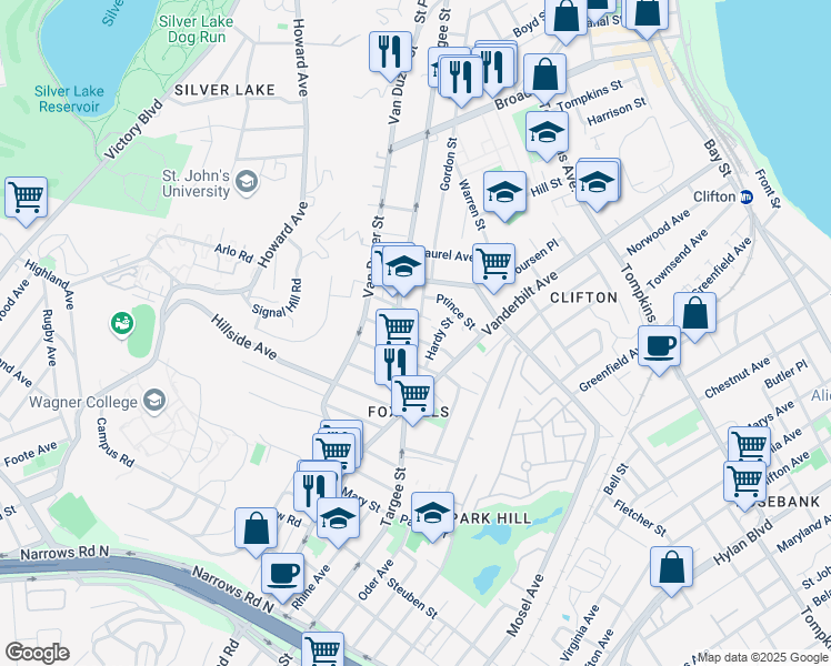 map of restaurants, bars, coffee shops, grocery stores, and more near 41 Roff Street in Staten Island