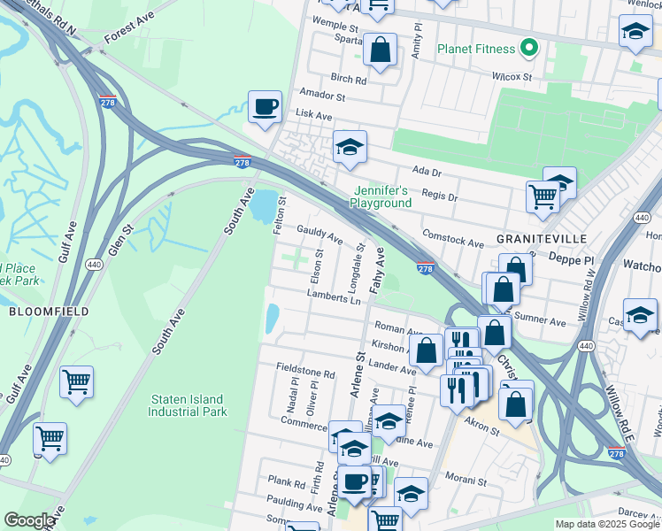 map of restaurants, bars, coffee shops, grocery stores, and more near 65 Elson Street in Staten Island