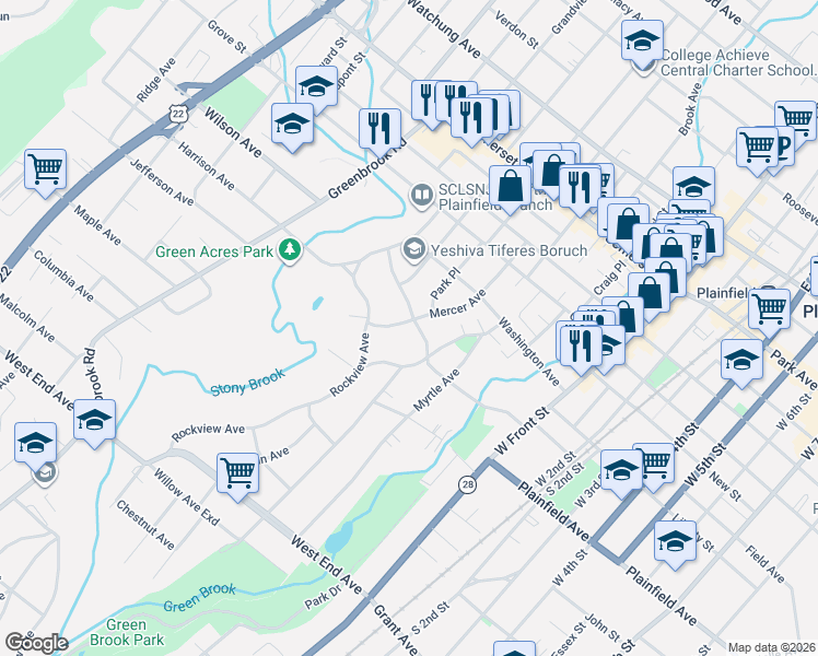map of restaurants, bars, coffee shops, grocery stores, and more near 119 Sycamore Avenue in North Plainfield