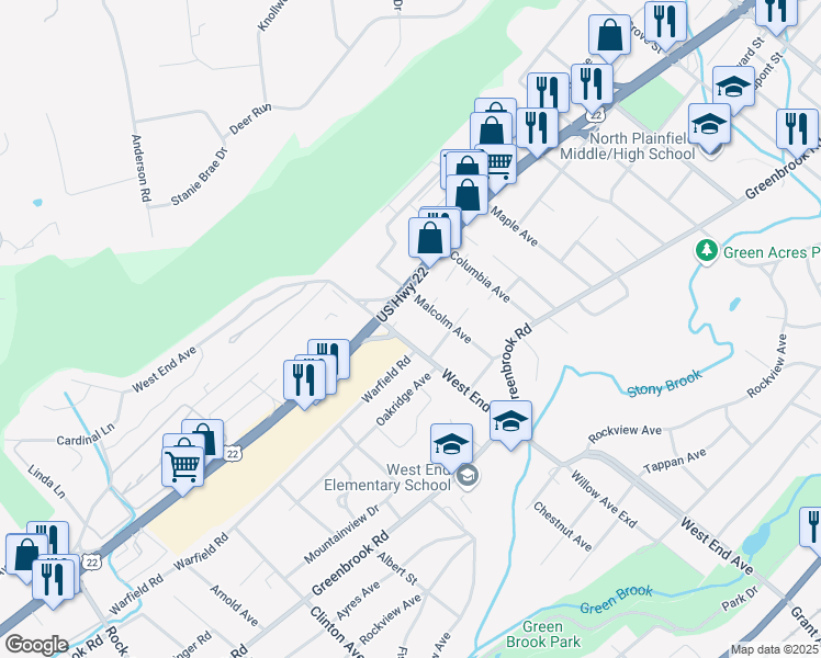 map of restaurants, bars, coffee shops, grocery stores, and more near 390 Warfield Road in North Plainfield