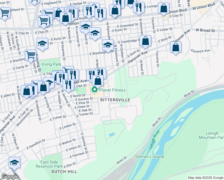 map of restaurants, bars, coffee shops, grocery stores, and more near in Allentown
