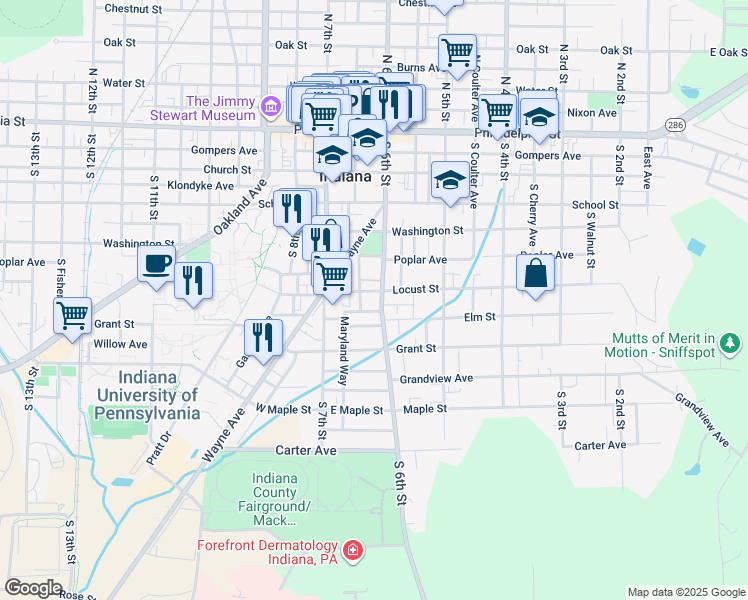 map of restaurants, bars, coffee shops, grocery stores, and more near 647 Clark Avenue in Indiana