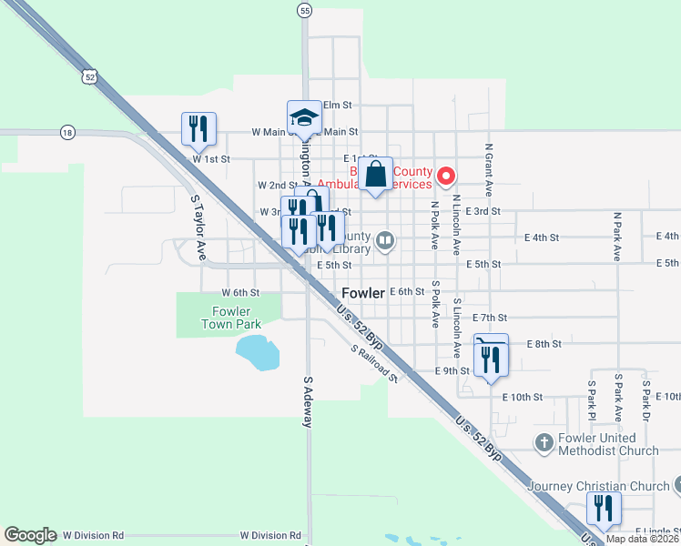 map of restaurants, bars, coffee shops, grocery stores, and more near 112 S Adams Ave in Fowler
