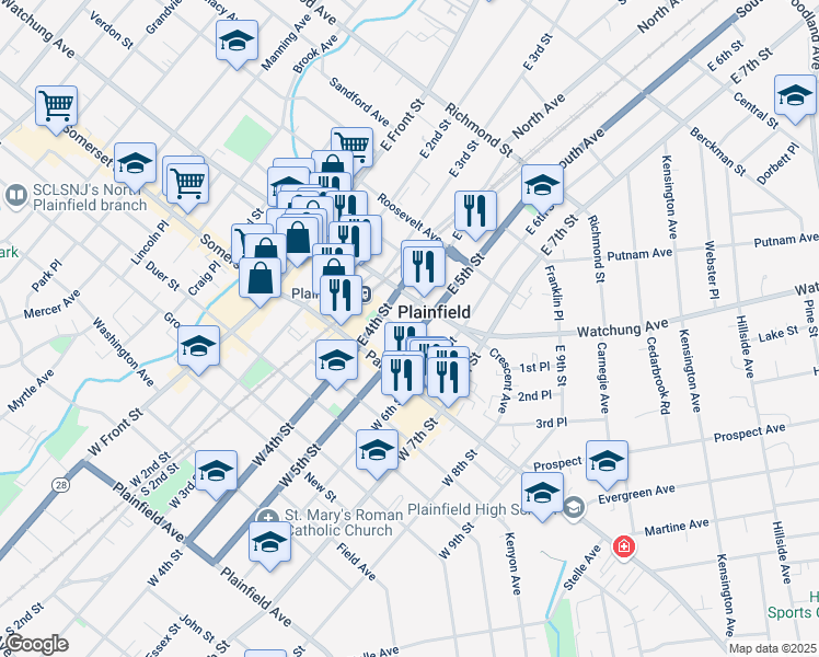 map of restaurants, bars, coffee shops, grocery stores, and more near 140 East 5th Street in Plainfield