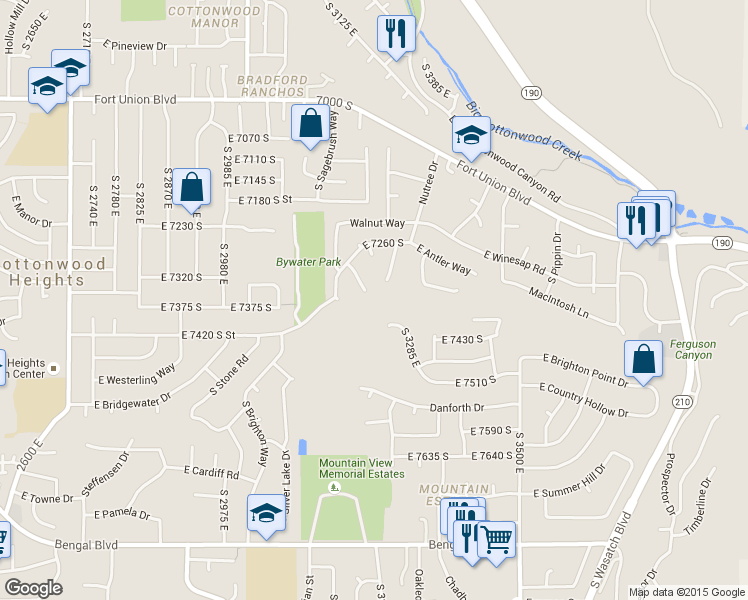 map of restaurants, bars, coffee shops, grocery stores, and more near 7351 Chestnut Circle in Cottonwood Heights