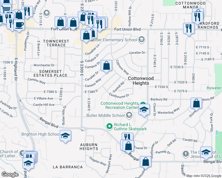 map of restaurants, bars, coffee shops, grocery stores, and more near 7388 Sunhill Rd in Cottonwood Heights