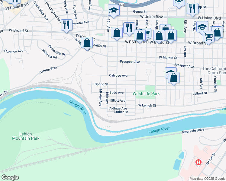 map of restaurants, bars, coffee shops, grocery stores, and more near 1605 Budd Avenue in Bethlehem