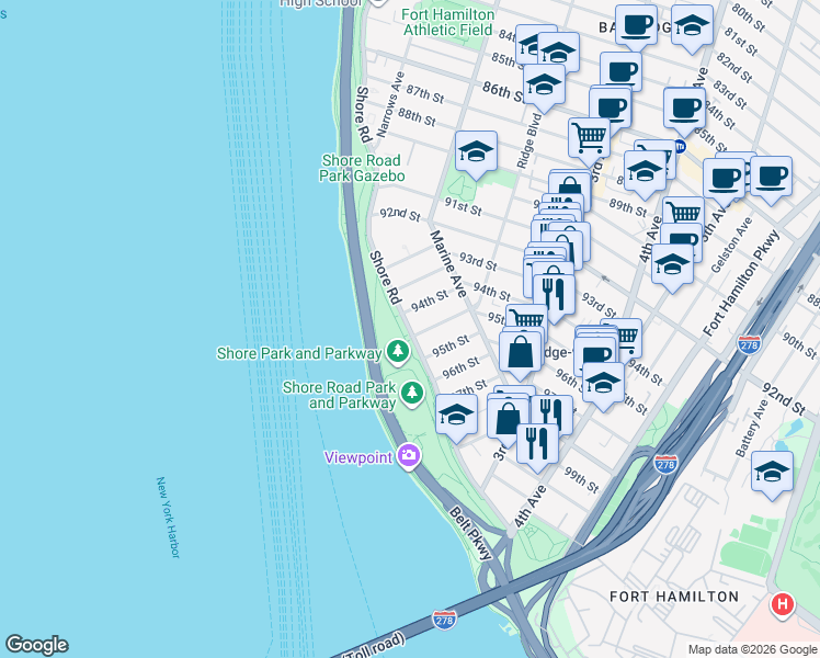 map of restaurants, bars, coffee shops, grocery stores, and more near 9415 Shore Road in Brooklyn