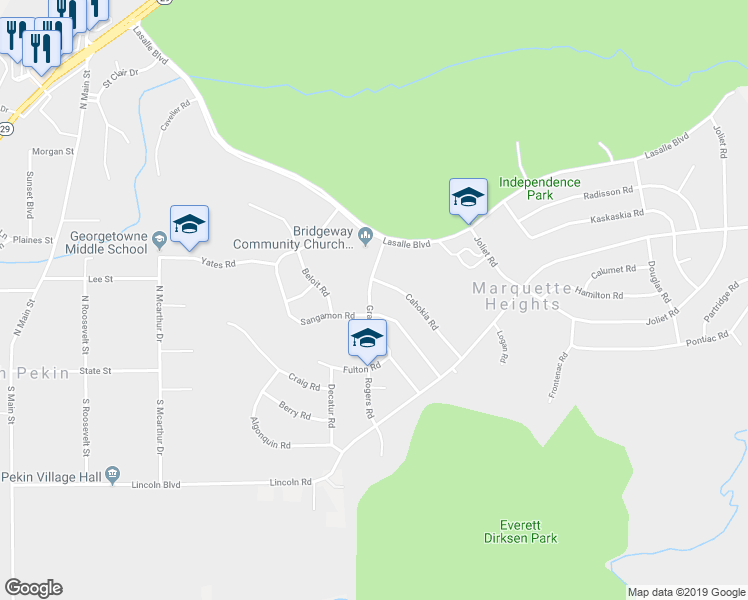 map of restaurants, bars, coffee shops, grocery stores, and more near 205 Grant Road in Marquette Heights