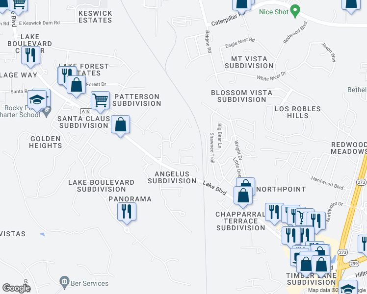 map of restaurants, bars, coffee shops, grocery stores, and more near 771 Shamrock Street in Redding