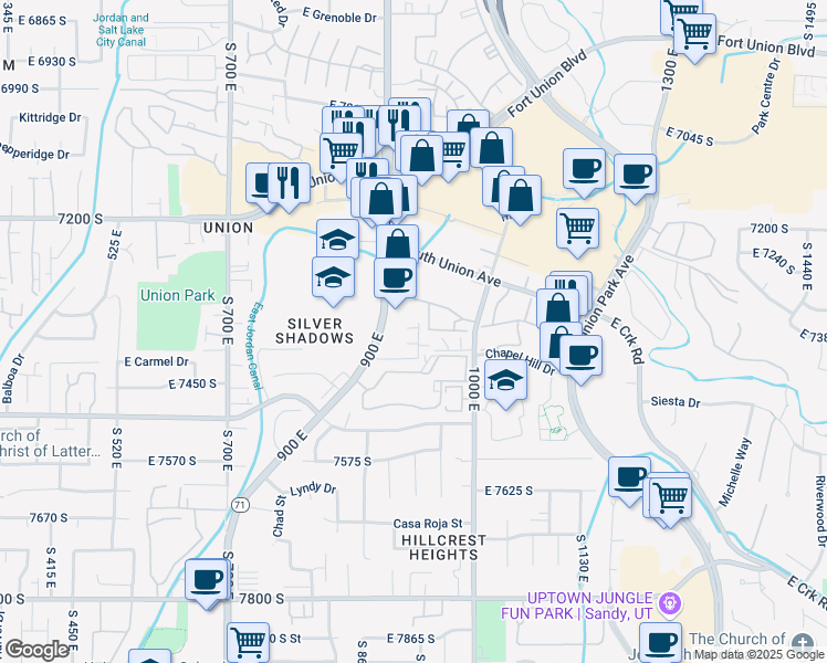 map of restaurants, bars, coffee shops, grocery stores, and more near 7336 East Shelby View Drive in Midvale