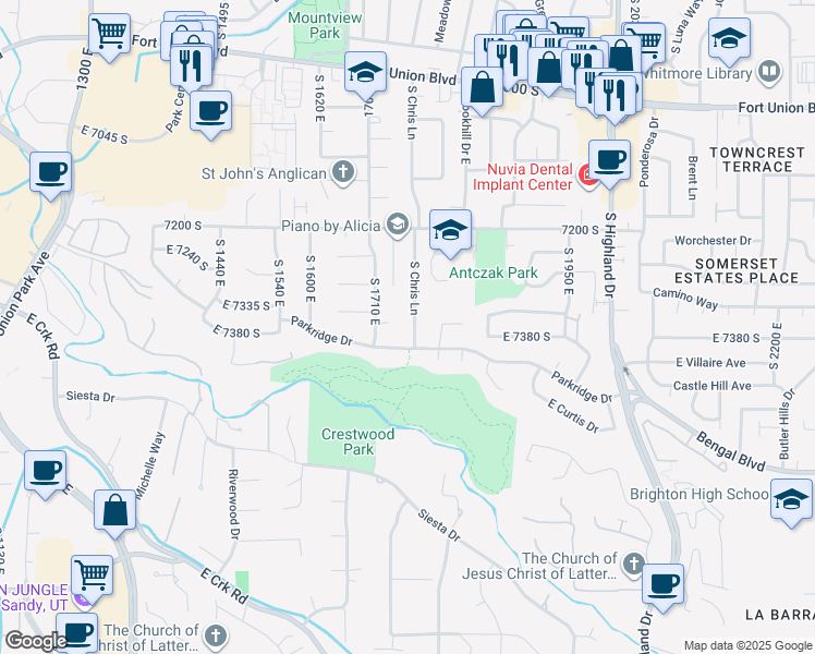 map of restaurants, bars, coffee shops, grocery stores, and more near 7364 South Chris Lane in Cottonwood Heights