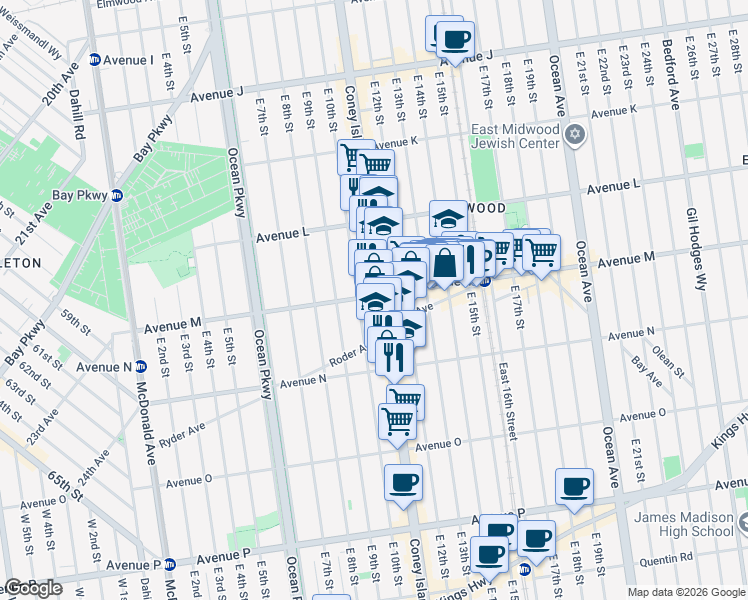 map of restaurants, bars, coffee shops, grocery stores, and more near 1639 Coney Island Avenue in Brooklyn