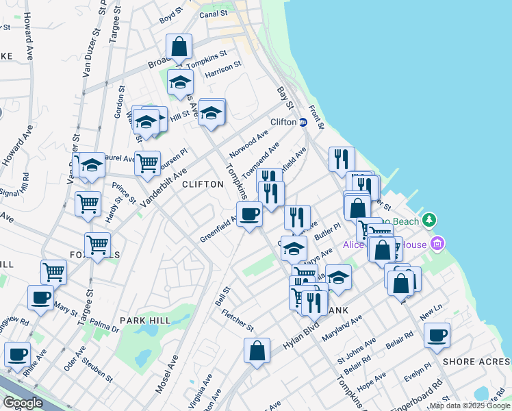 map of restaurants, bars, coffee shops, grocery stores, and more near 144 Greenfield Avenue in Staten Island