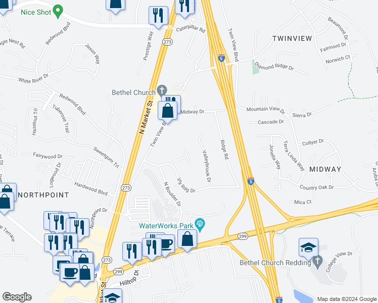 map of restaurants, bars, coffee shops, grocery stores, and more near 5335 Stonethrow Court in Redding
