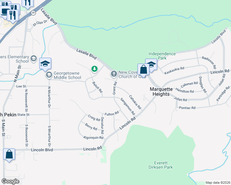 map of restaurants, bars, coffee shops, grocery stores, and more near 205 Grant Road in Marquette Heights