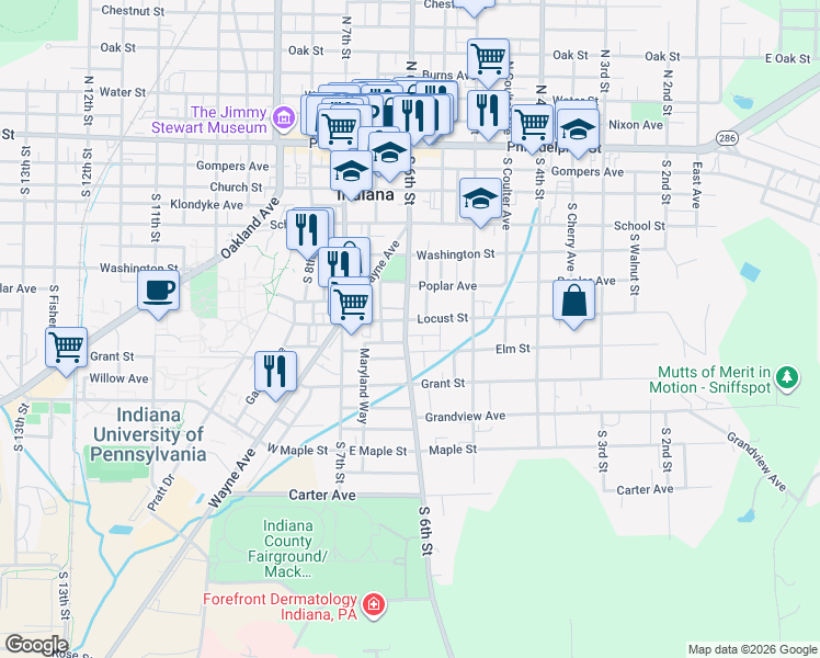 map of restaurants, bars, coffee shops, grocery stores, and more near 403 South 6th Street in Indiana