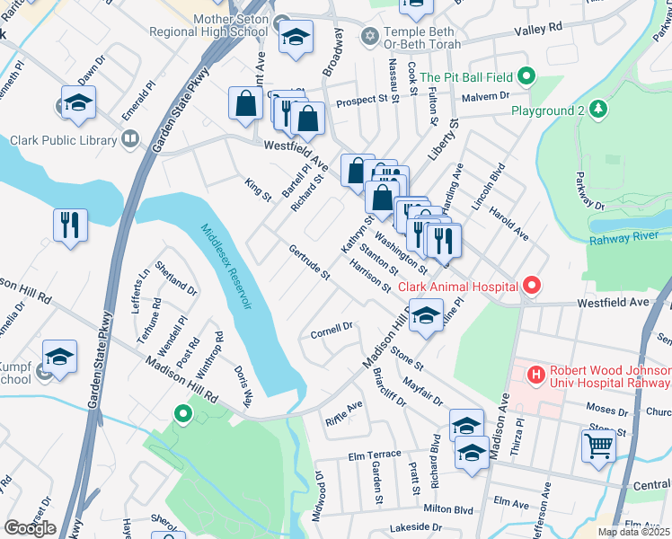 map of restaurants, bars, coffee shops, grocery stores, and more near 31 Kathryn Street in Clark