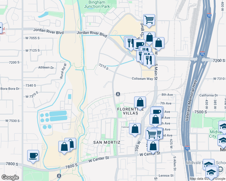 map of restaurants, bars, coffee shops, grocery stores, and more near Bingham Junction Boulevard in Midvale