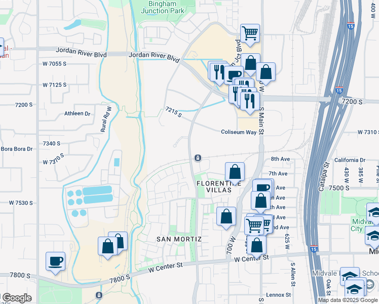 map of restaurants, bars, coffee shops, grocery stores, and more near Bingham Junction Boulevard in Midvale