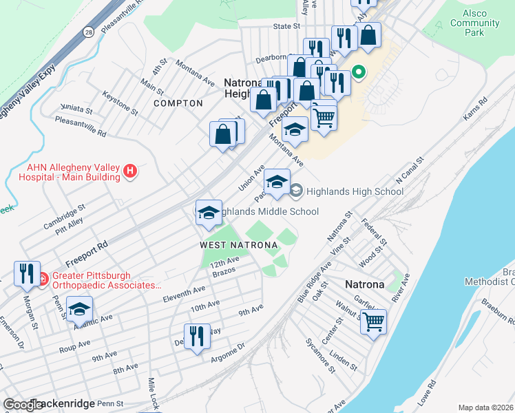 map of restaurants, bars, coffee shops, grocery stores, and more near 1420 Pacific Avenue in Natrona Heights