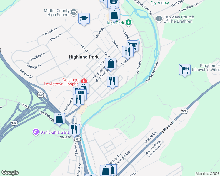 map of restaurants, bars, coffee shops, grocery stores, and more near 500-598 T419 in Lewistown